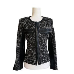Parker Jacket Blazer Nolita Black White Tweed Lambs Leather Collarless Small